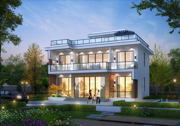 時尚二層現(xiàn)代風別墅設計圖紙，平屋頂方案13×10米