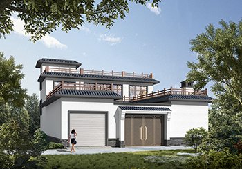 農(nóng)村平屋頂中式合院設計圖，帶車庫帶庭院