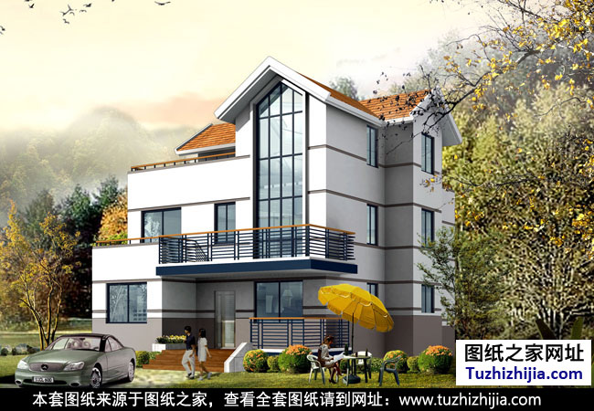 鄉(xiāng)村三層別墅設(shè)計(jì)圖紙帶效果圖