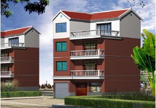 紅色外墻帶車庫四層自建房設(shè)計圖，帶屋頂露臺