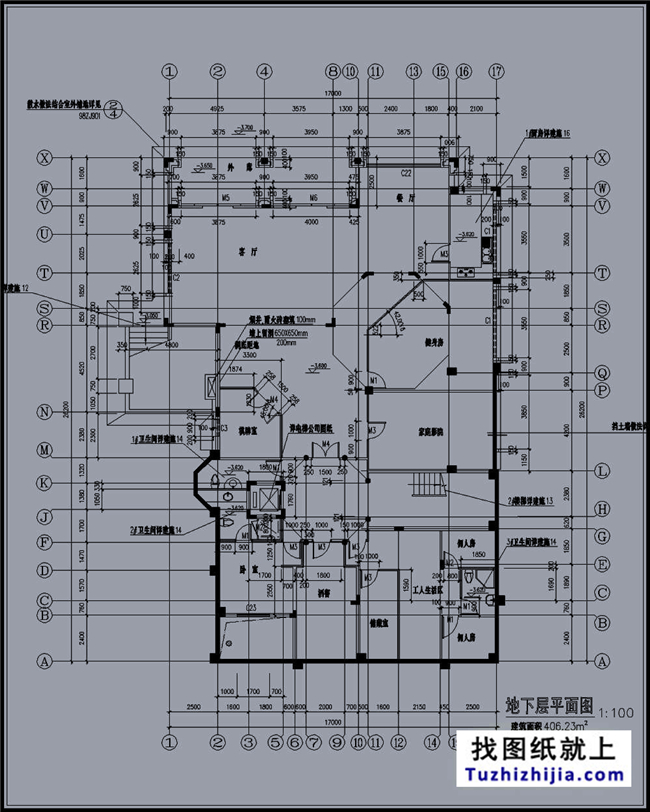 240平方米帶地下室二層豪華別墅施工設(shè)計圖紙，15x20米