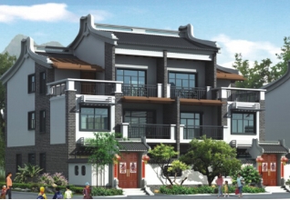 徽派新農(nóng)村三層雙拼別墅效果圖及施工圖，18x12米