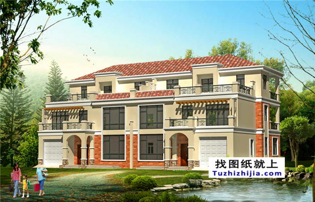 290平方米福建新農(nóng)村三層雙拼建筑設(shè)計(jì)圖紙帶外觀圖,23.8米x12.2米