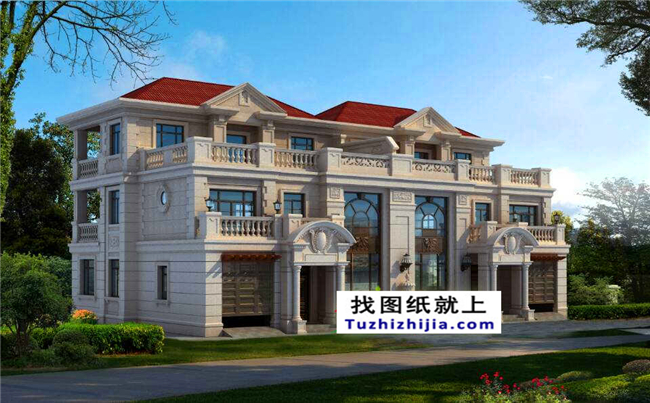 290平方米福建新農(nóng)村三層雙拼建筑設(shè)計(jì)圖紙帶外觀圖,23.8米x12.2米