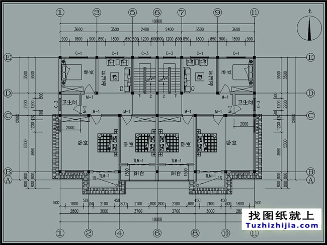  235平方米三層雙拼別墅CAD設(shè)計圖紙，19x12米