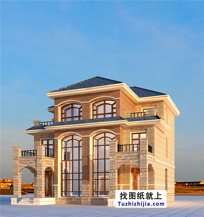 175平方米歐式三層雙拼別墅設(shè)計(jì)施工圖紙及效果圖，12x13米