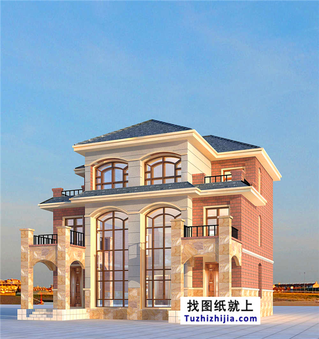 175平方米歐式三層雙拼別墅設(shè)計(jì)施工圖紙及效果圖，12x13米