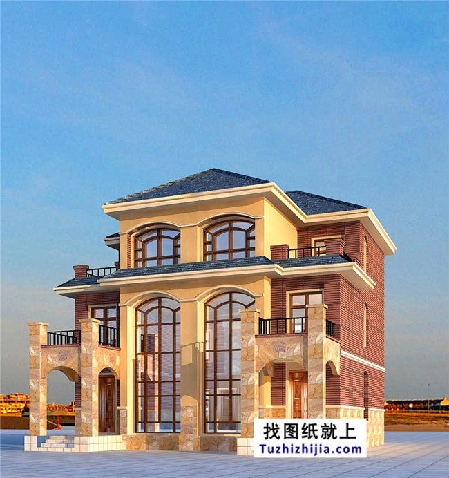 175平方米歐式三層雙拼別墅設(shè)計(jì)施工圖紙及效果圖，12x13米