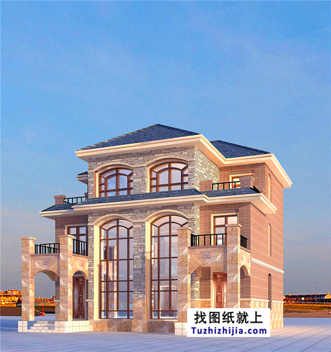 175平方米歐式三層雙拼別墅設(shè)計(jì)施工圖紙及效果圖，12x13米