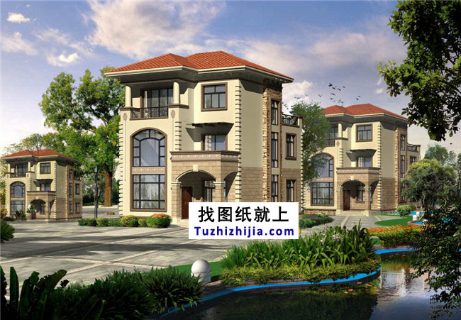 地中海風(fēng)格三層別墅設(shè)計圖紙，帶外觀效果圖