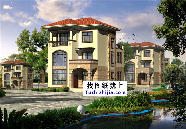 地中海風(fēng)格三層別墅設(shè)計圖紙，帶外觀效果圖