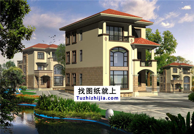 地中海風(fēng)格三層別墅設(shè)計圖紙，帶外觀效果圖