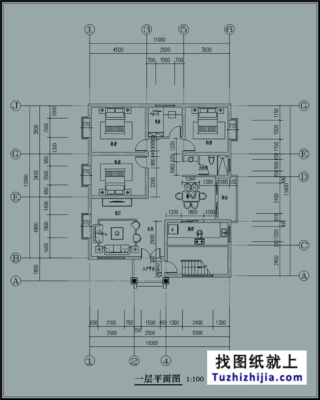 145平方米平屋頂農(nóng)村三層自建別墅設(shè)計(jì)圖紙帶效果圖,11x13米