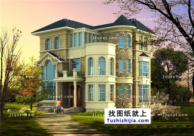 歐式豪華三層別墅設(shè)計(jì)圖紙，含外觀效果圖+施工圖