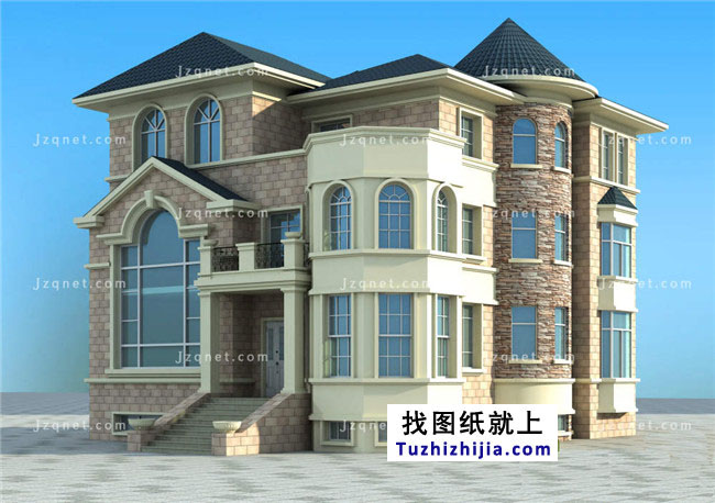 大戶(hù)型歐式三層別墅建筑圖紙，全套設(shè)計(jì)圖+效果圖