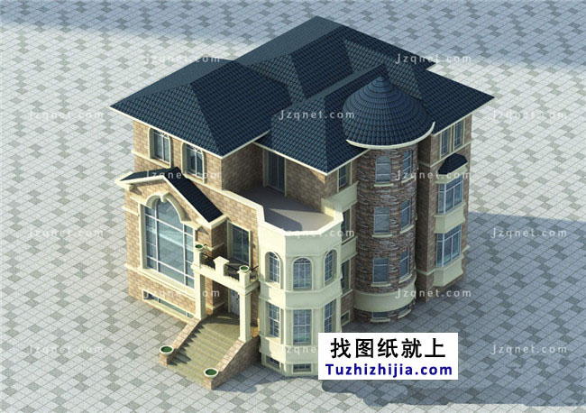 大戶(hù)型歐式三層別墅建筑圖紙，全套設(shè)計(jì)圖+效果圖