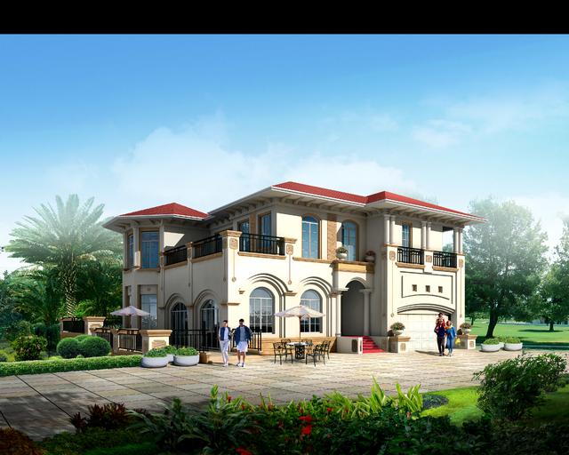 時(shí)尚歐式二層農(nóng)村小別墅設(shè)計(jì)圖 雙車庫(kù)帶露臺(tái)造型大氣