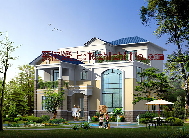 三層別墅設(shè)計(jì)施工圖紙（含外觀效果圖）帶車(chē)庫(kù)帶露臺(tái)