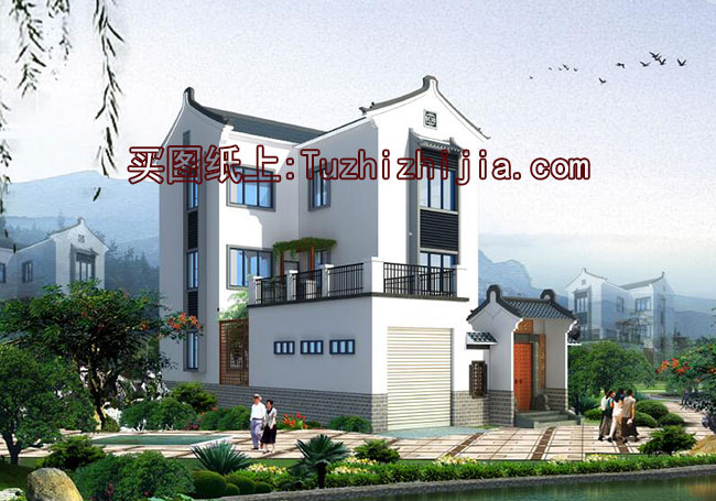 客家風(fēng)格別墅建筑設(shè)計(jì)圖，帶外觀效果圖，帶院子