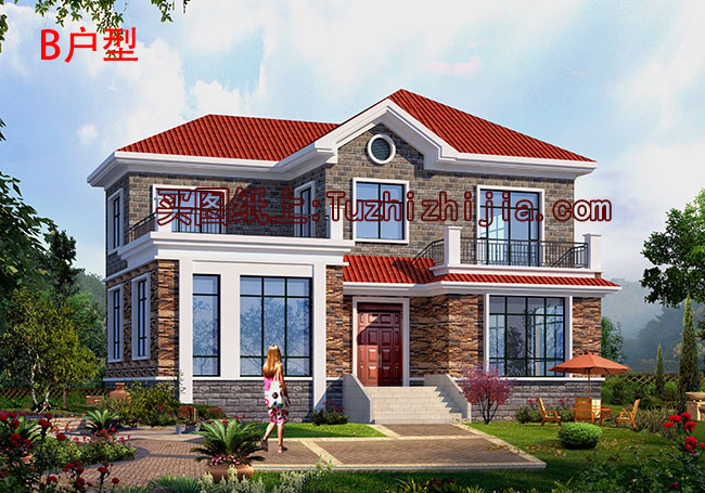 地中海風(fēng)格二層別墅房屋設(shè)計(jì)圖，帶外觀效果圖