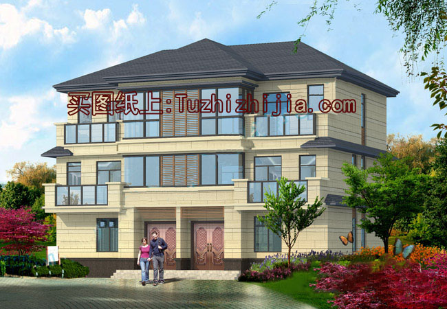 小戶型兄弟雙拼別墅房屋設(shè)計(jì)圖，帶外觀效果圖