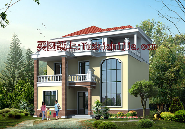 客廳中空三層復式別墅房屋設計圖，帶外觀效果圖