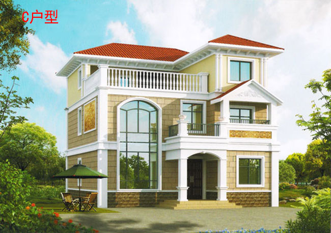 115平旋轉(zhuǎn)樓梯三層復(fù)式別墅房屋設(shè)計(jì)圖，含外觀效果圖