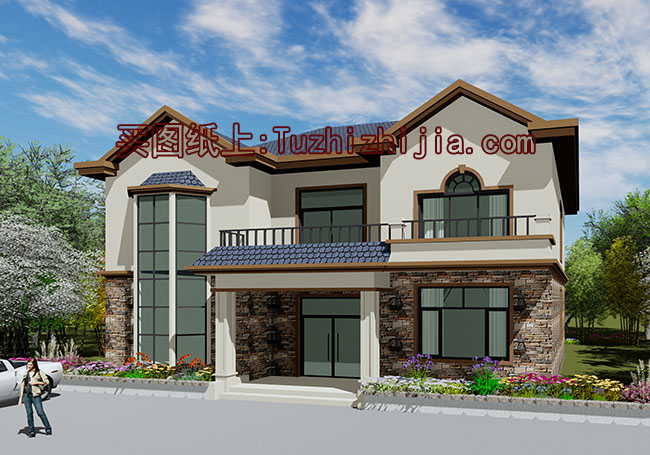 多臥室復(fù)式二層別墅房屋設(shè)計圖，含外觀效果圖