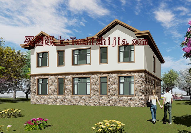 多臥室復(fù)式二層別墅房屋設(shè)計圖，含外觀效果圖