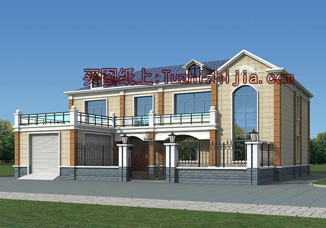 帶院子的四間二層別墅房屋設計圖，帶獨立車庫