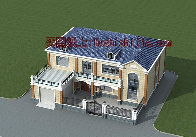 帶院子的四間二層別墅房屋設計圖，帶獨立車庫