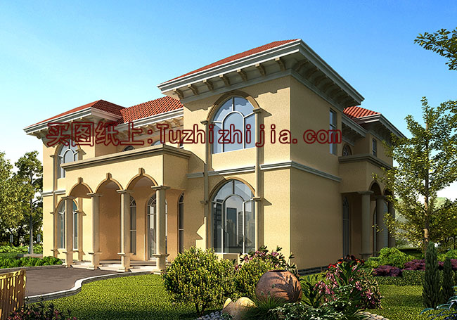 戶型獨(dú)特的、二層臥室挑高的別墅房屋設(shè)計(jì)圖，外觀簡(jiǎn)歐風(fēng)格