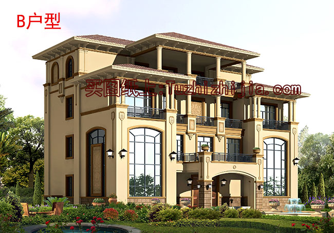 300平四層別墅房屋設(shè)計(jì)圖，含外觀效果圖，大面積、多臥室