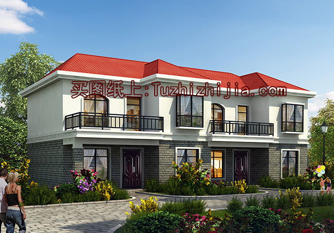 經(jīng)典小戶型雙拼二層新農(nóng)村房屋住宅設(shè)計(jì)圖，含效果圖