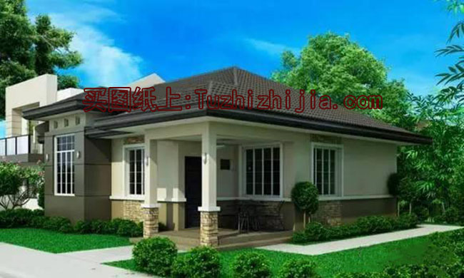 現(xiàn)代一層（帶悶頂）別墅住宅設(shè)計(jì)圖，外觀現(xiàn)代時(shí)尚