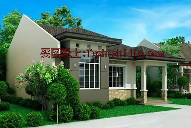 現(xiàn)代一層（帶悶頂）別墅住宅設(shè)計(jì)圖，外觀現(xiàn)代時(shí)尚