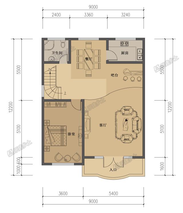 簡潔又時尚的四層住宅房屋設(shè)計圖，適合三代人居?。? src="/uploads/allimg/170809/1_170809154416_1.jpg" width="640" border="0" height="445"  /></p>
<div>
<p>設(shè)計說明：</p>
<p>這套小四層住宅粉墻黛瓦，下方以灰磚貼飾，簡潔而又沉穩(wěn)，整體色彩與農(nóng)村環(huán)境相協(xié)調(diào)。欄桿帶有歐洲風格，給人時尚的感覺。占地面積小，空間利用率高，適合三代人居住。</p>
<p>案例基本信息：</p>
<p>? 占地尺寸：9x12m</p>
<p>? 占地面積：109㎡</p>
<p>? 建筑面積：340㎡</p>
<p>? 建筑情況：6室2廳3衛(wèi)1廚2起居室2活動室1書房1吧臺1洗衣間</p>
<p>? 建筑結(jié)構(gòu)：框架結(jié)構(gòu)</p>
<p>? 造價估算：36萬</p>
<p>平面圖：</p>
<p>一層南側(cè)布置對采光要求比較高的臥室和客廳?？蛷d與吧臺存在高差，在空間上形成分隔。衛(wèi)生間布置在樓梯下方，有效的利用了空間。</p>
<p><img alt=