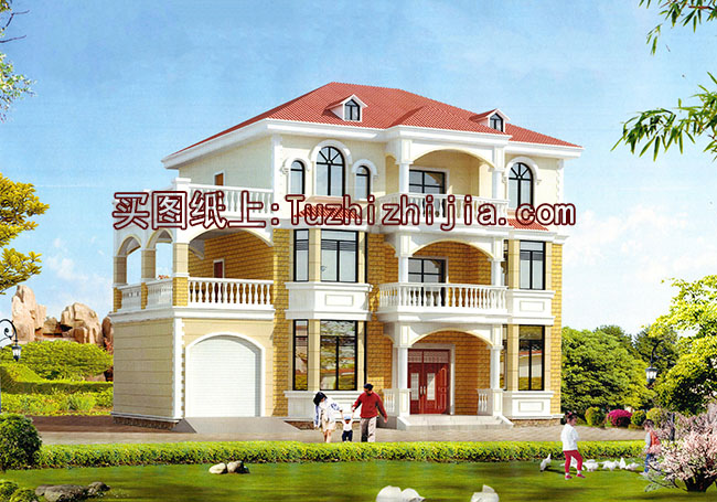 戶型好的三層帶獨(dú)立車庫的樓房設(shè)計(jì)圖，含外觀效果圖