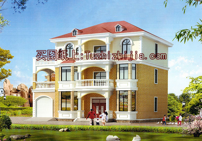 戶型好的三層帶獨(dú)立車庫的樓房設(shè)計(jì)圖，含外觀效果圖