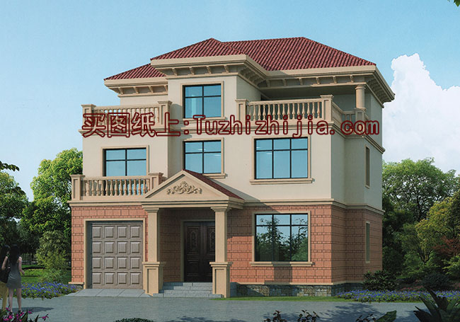 農(nóng)村三層帶露臺、帶車庫房屋設(shè)計(jì)圖，含外觀圖片