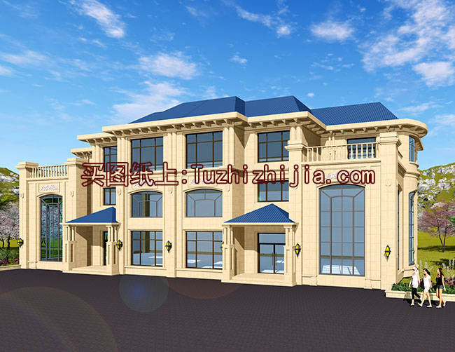 復(fù)式三層雙拼別墅設(shè)計圖，客廳中空，旋轉(zhuǎn)樓梯