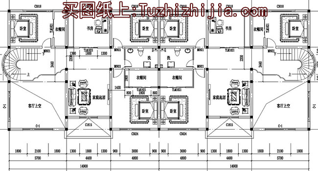 復(fù)式三層雙拼別墅設(shè)計圖，客廳中空，旋轉(zhuǎn)樓梯