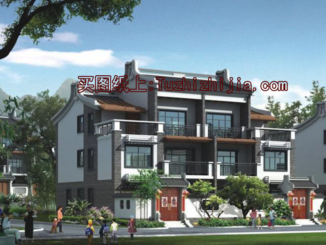 徽派新農(nóng)村三層雙拼別墅效果圖及施工圖，18x12米