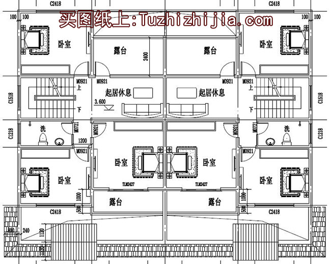 徽派新農(nóng)村三層雙拼別墅效果圖及施工圖，18x12米
