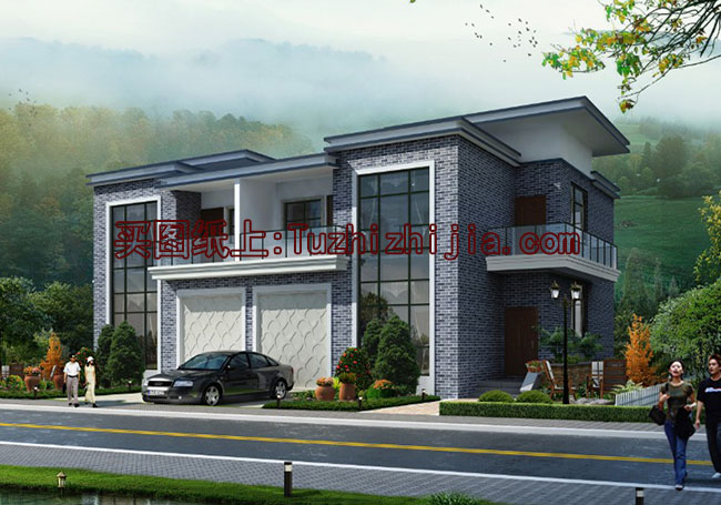 農(nóng)村中式兩層雙拼別墅房屋設(shè)計(jì)圖，含效果圖片