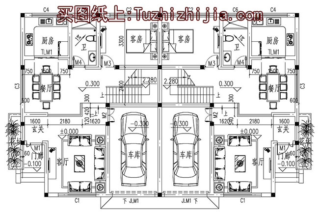 農(nóng)村中式兩層雙拼別墅房屋設(shè)計(jì)圖，含效果圖片