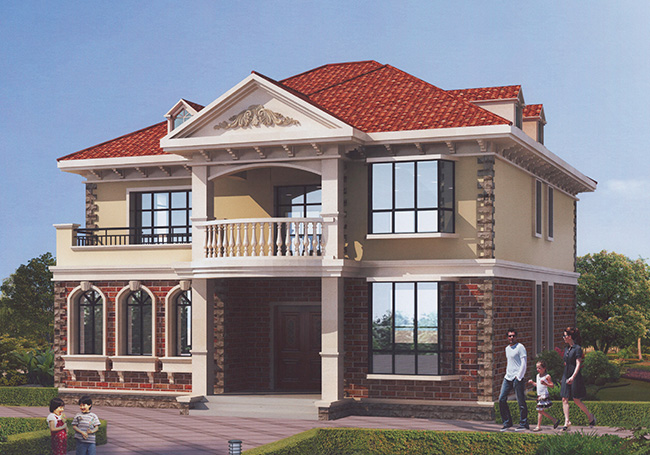 140平二層帶閣樓別墅設(shè)計方案圖，外觀圖片色彩明快