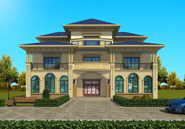 左右對(duì)稱的歐式高端三層別墅設(shè)計(jì)圖，外觀氣派、豪華