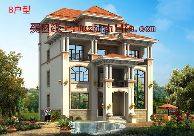 簡歐復(fù)式四層別墅房屋設(shè)計圖，外觀圖高端、大氣