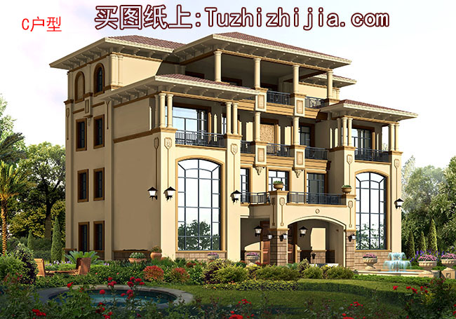 帶電梯高端四層別墅房屋設(shè)計(jì)圖，外觀圖大氣、上檔次